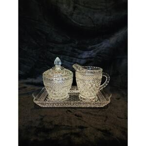 Clear Glass Hobnail Design Sugar, Creamer & Tray Set